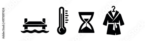 Sauna accessories icon set. bench, waves, thermometer, hourglass, bathrobe, relaxation, spa, wellness. line and flat vector illustration.