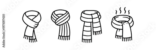 Scarf icon set. winter neckwear, cozy wrap, muffler, knit, fringe, warmth, cold weather accessory. line and flat vector illustration.