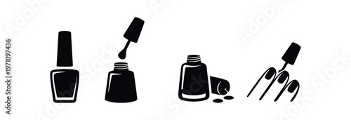 Nail polish and manicure icon set. nail polish bottle, open bottle with brush, spilled polish, manicure tips, beauty, cosmetics. line, flat and colored vector icon set.