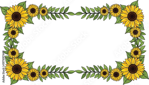 A beautiful floral frame adorned with vibrant sunflowers and lush green leaves on a white background