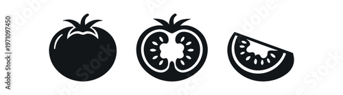 Tomato icon set. tomato, tomato slice, wedge, vegetable, produce, salad ingredient, food, organic. line and flat vector illustration.