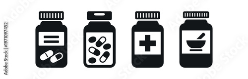 Medicine bottle icon set. pill container, capsule jar, pharmacy, prescription label, mortar and pestle, drugstore. line and flat vector illustration.