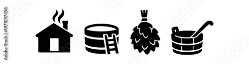 Nordic bathing icon set. sauna house, wooden hot tub, birch bundle whisk, bathing bucket with ladle, traditional spa tools. line, flat and colored vector icon set.