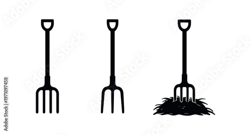 Garden fork icon set. pitchfork, fork, cultivator, gardening, compost, hay. gardening tools. tines, handle, yard work, farm, soil. line and flat vector icon set.