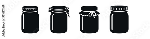 Solid glass jar icon set. filled jar silhouettes, mason style containers, storage and preserves, pantry supply. line, flat and colored vector icon set.