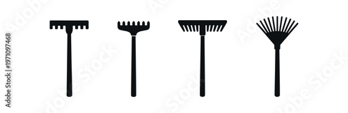 Rake icon set. garden rake, leaf rake, yard tool, lawn maintenance, landscaping, cleanup. flat vector illustration.