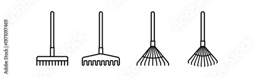 Garden rake icon set. leaf rake, lawn rake, soil rake, yard tools, landscaping, garden maintenance. line and flat vector illustration.