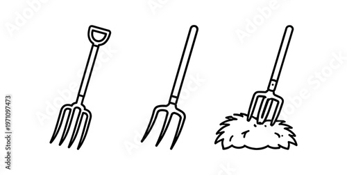 Pitchfork icon set. garden fork, hay fork, manure fork, farm tool, stable and gardening equipment. line and flat vector illustration.