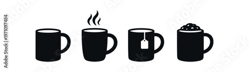 Coffee mug icon set. mug, steaming cup, tea, froth, beverage. breakfast and cafe. flat vector icon set.