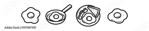 Fried egg and skillet icon set. egg, fried egg, frying pan, skillet, breakfast plate, sunny side up, toast. line, flat and colored vector icon set.