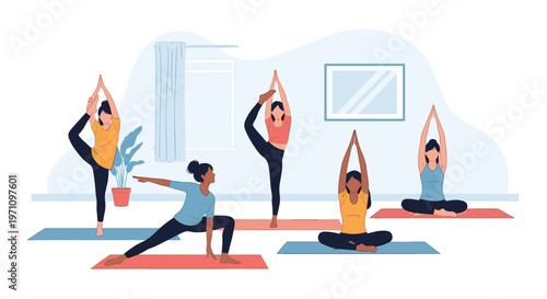 Group of diverse women practicing various yoga poses in a light airy room to improve their physical and spiritual well-being.