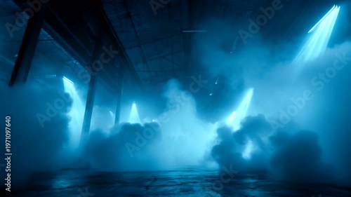 Mysterious Blue Fog in Abandoned Warehouse with Lights