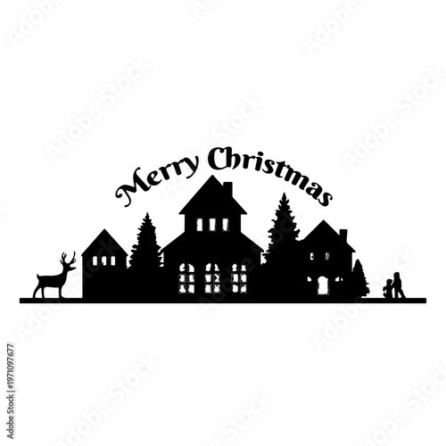 Christmas Village with Reindeer and Snow - Merry Christmas Greeting