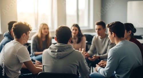 A diverse group of young adults sitting in a circle, engaged in a focused discussion or group therapy session in a bright room.