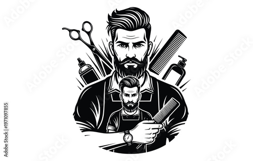 Vintage barber shop silhouette a stylish portrait of a bearded barber with tools representing classic grooming and masculinity
