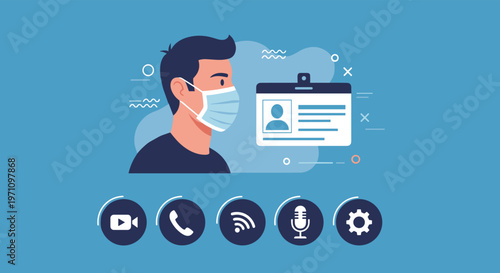 Man wearing a protective surgical face mask next to a digital ID card and communication icons for health and safety monitoring.