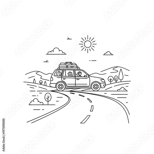 Car with luggage on top driving.