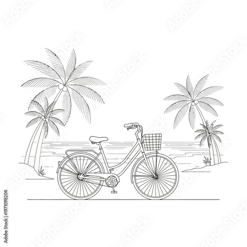 Bicycle with basket on the beach.
