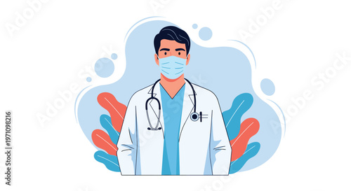 Professional male doctor in a white coat and surgical face mask standing in front of an abstract blue and red background.