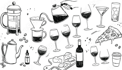 Hand drawn coffee and wine set with brewing tools drinks cheese pizza and cafe menu elements illustration