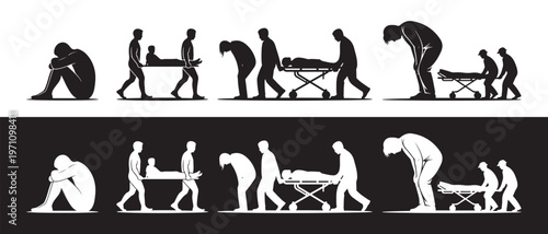 Grief and Loss Stages. Silhouette Depicting Mourning, Funeral Process, and Bereavement in High Contrast.