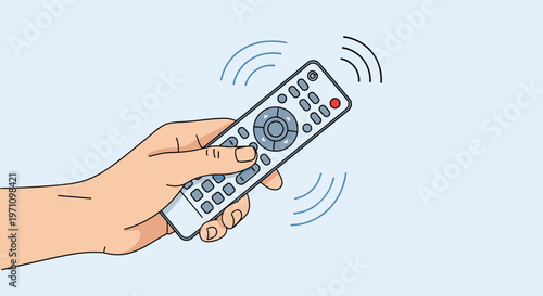 Human hand holding a television remote control with signal waves on a light blue background for home entertainment concept.