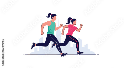 Man and woman in athletic wear jogging together through the city for physical fitness and healthy urban lifestyle promotion.