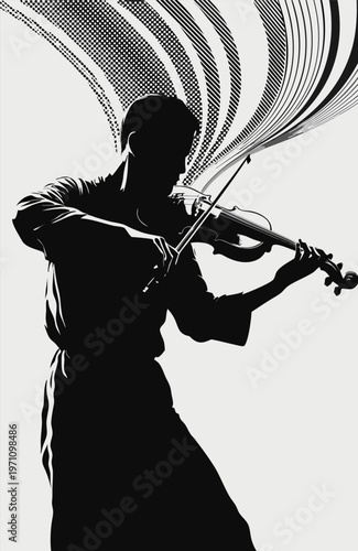 Abstract Violinist Silhouette Playing with Stylized Sound Waves, Creative Musical Performance Concept for Classical Concert Branding, Audio Identity and Poster Art