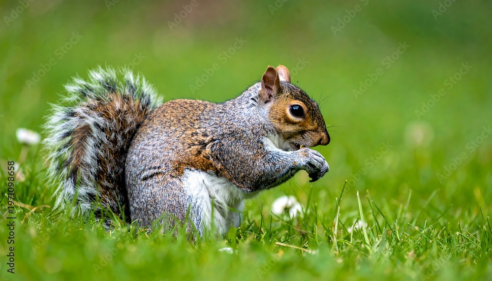Fototapeta premium Squirrel in the green grass, eating something, focused on the food.