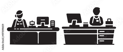 Retail Cashier and Service Worker Silhouette Icons at Checkout Counters with Computers, Black on White.