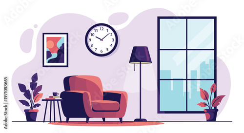 Cozy modern living room interior featuring an armchair, floor lamp, wall clock, and window overlooking a city skyline.