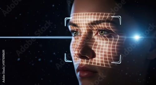 Womans face analyzed by futuristic technology with grid overlay