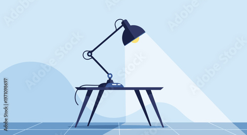 Adjustable black desk lamp illuminating a workspace table on a blue background for late night studying or office tasks.