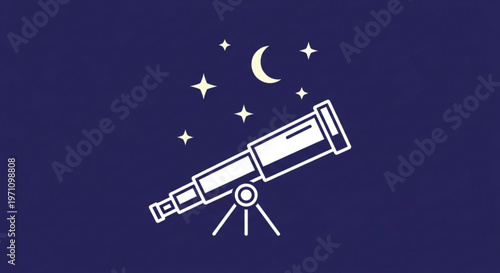 Telescope pointing at stars and moon in night sky with celestial bodies astronomy observation tool