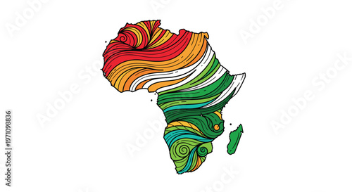 Artistic map of the African continent filled with vibrant colorful swirls and patterns representing cultural diversity.