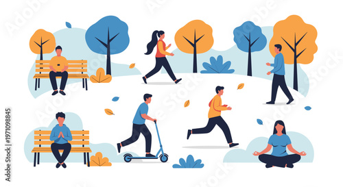 People enjoying various outdoor activities in a park such as running, sitting, yoga, and riding a scooter during autumn.