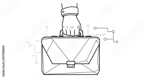 Hand holding a professional briefcase illustrated with a minimalist line art style and circuit board patterns for business.