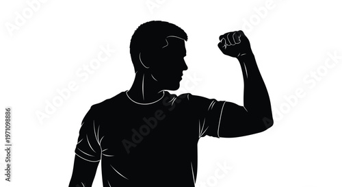 Strong man showing off his muscles with a flexed arm and clenched fist in a graphic design