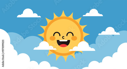 Happy cartoon sun with a smiling face and rosy cheeks shining bright among fluffy white clouds in a blue sky.