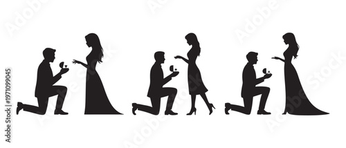 Romantic Silhouettes. Man Kneeling to Propose Marriage to a Woman, Symbolizing Engagement.
