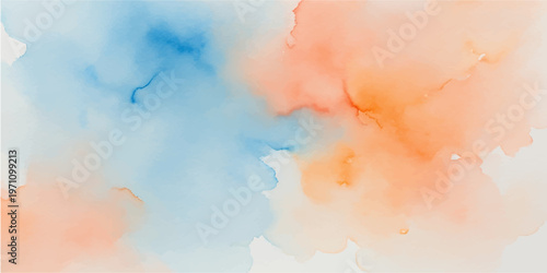 Abstract colorful watercolor background featuring a vintage cloudscape of blue heaven and white smoke with a light touch of nature