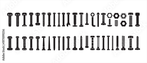 Assortment of dark industrial fasteners: various bolts, screws, and nuts neatly arranged on a clean white background.