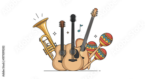 Collection of musical instruments including a trumpet, two acoustic guitars, and colorful maracas for a festive performance.