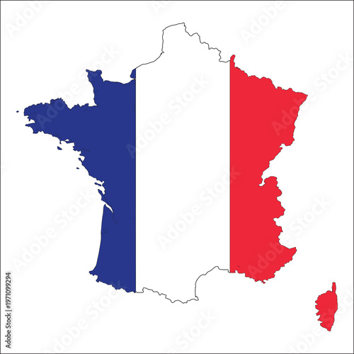 Silhouette map of France filled with the national blue white and red tricolor flag.