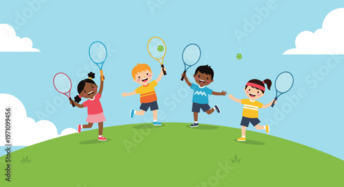 Group of diverse happy children playing tennis together on a green hill under a clear blue sky with fluffy white clouds.