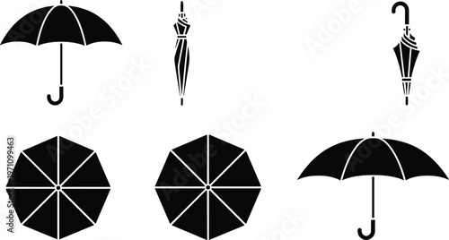 Collection of black umbrella vector icons featuring open closed and top view silhouettes for rainy weather protection and autumn season design.