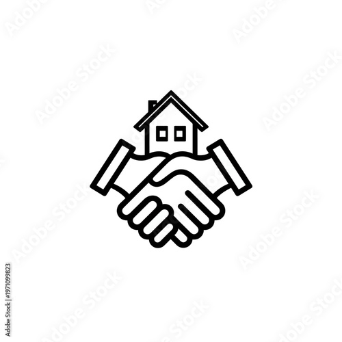Real estate handshake icon for property deal agreement, home purchase contract, and housing market concept vector illustration.