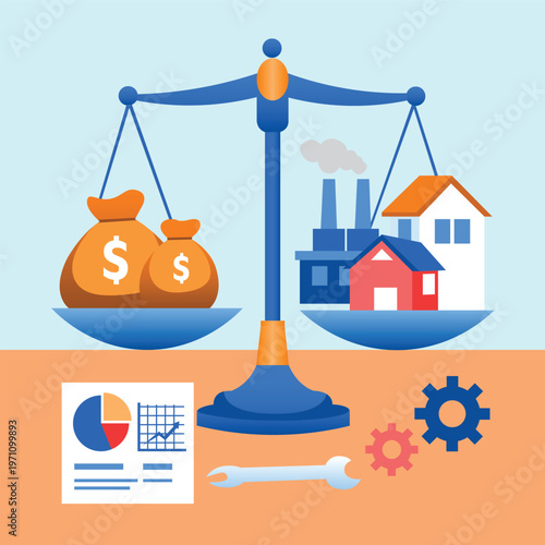 Economic Balance Concept with Money vs Industry Assets, Financial Report and Investment Analysis Flat Illustration
