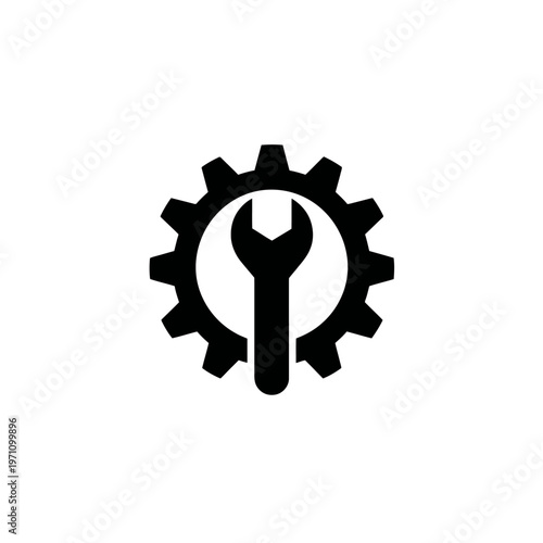 Gear and wrench settings icon. Mechanical tool symbol for service, repair, maintenance, engineering, and configuration. Technical process pictogram.