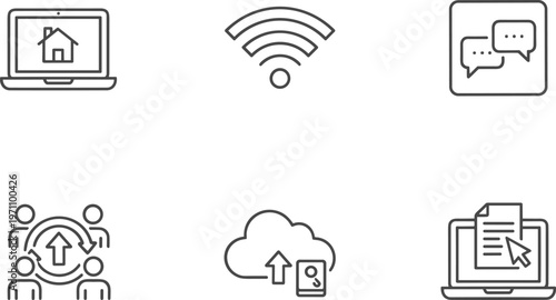 Remote work line icon set featuring laptop with home office wifi signal chat bubbles cloud upload and digital document collaboration symbols.